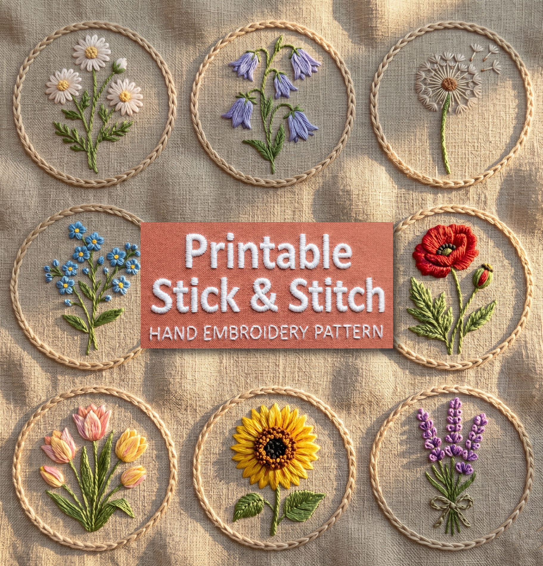 Printable Stick & Stitch Floral Hand Embroidery Pattern Set (8 Designs)