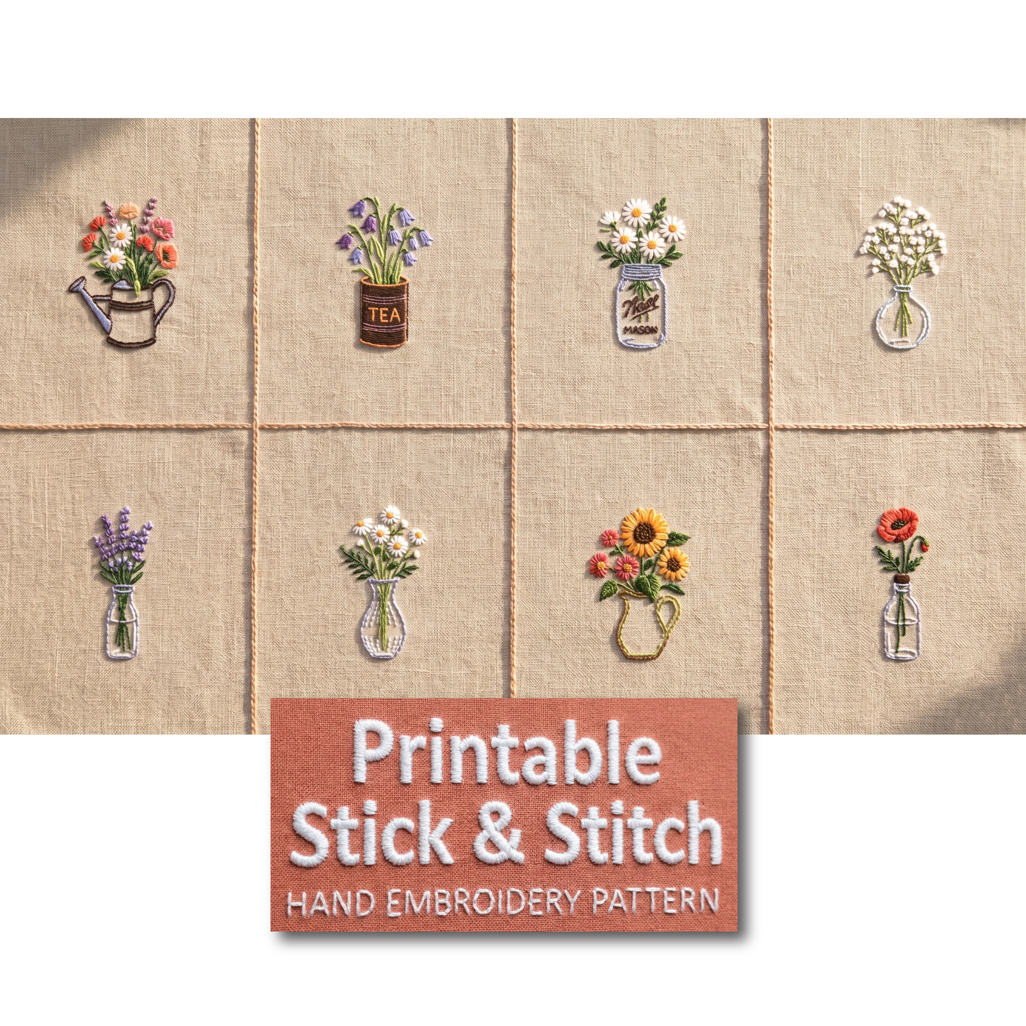 Printable Stick & Stitch Hand Embroidery Pattern - 8 Mini Floral Designs